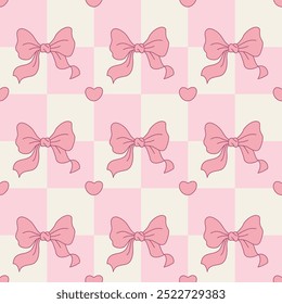 Seamless Outline Hand Drawn Bow and Heart Coquette Vector Illustration Pattern