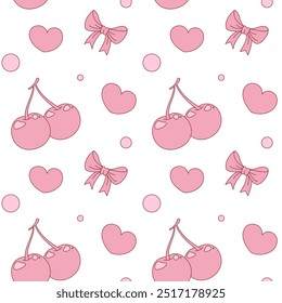 Seamless Outline Hand Drawn Cherry and Bow Coquette Vector Illustration Pattern