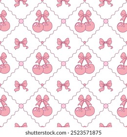 Seamless Outline Hand Drawn Cherry and Bow Coquette with Smooth Zigzag Line Vector Illustration Pattern