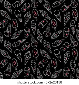 Seamless outline ice cream pattern, hand-drawn summer background, ice-cream black and white vector, EPS 8
