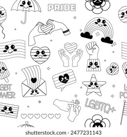 Seamless outline kawaii pattern Lgbt elements pride