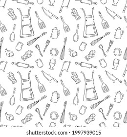 Seamless outline kitchenware, Vector drawing design for paper wrapping, packaging, decoration background.