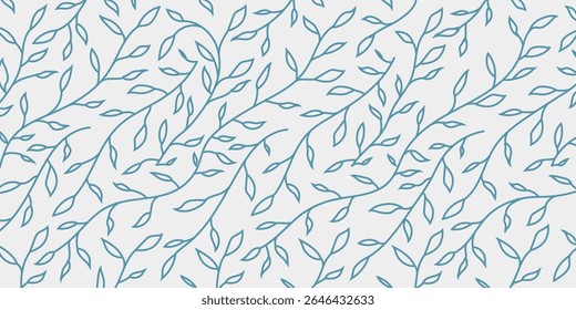 Seamless outline leaf pattern with blue branches on light background. Elegant botanical vector for fabric, wallpaper, packaging, eco branding, wrapping paper, and modern nature-themed designs.