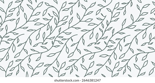 Seamless outline leaf pattern with dark green branches. Elegant botanical vector background for nature-themed packaging, eco design, textiles, wallpaper, and minimalist organic branding.