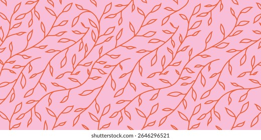 Seamless outline leaf pattern on pink background. Elegant botanical vector design for fabric, packaging, wallpaper, wedding decor, and nature-themed projects.