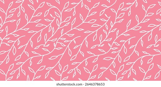 Seamless outline leaf pattern on pink background. Elegant botanical vector perfect for fabric, wallpaper, packaging, stationery, nature themes, and spring or feminine design projects.