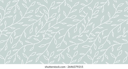 Seamless outline leaf pattern on soft blue background. Elegant botanical vector for fabric, wallpaper, stationery, packaging, eco design, and modern minimalist nature-inspired themes.