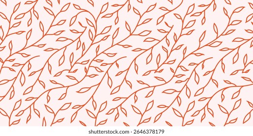 Seamless outline leaf pattern in red on soft pink background. Elegant botanical vector design ideal for fabric, packaging, wallpaper, stationery, nature themes, and eco-friendly branding.