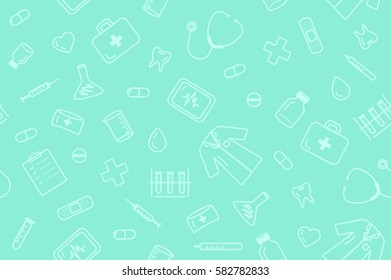 Seamless outline medical equipment pattern on green background