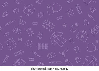 Seamless outline medical equipment pattern on purple background
