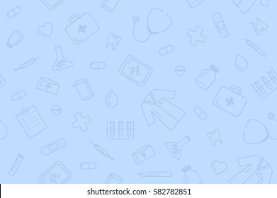 Seamless outline medical equipment pattern on light blue background
