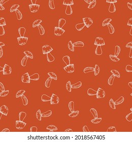 seamless outline mushroom with circle pattern. vector design for fashion,fabric,wallpaper and all prints on green background earth tone color.Tropical botanical Motifs.