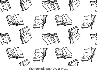 Seamless outline open books pattern. Vector Monochrome texture. Vector seamless texture