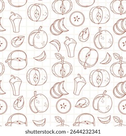 Seamless outline pattern with apple on white checkered background. Line hand drawing. Vector illustration