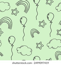 Seamless outline pattern with ballons, stars and rainbow. Hand drawn vector doodle cute neutral background.Trendy outline pattern for wrapping paper, wallpaper, stickers, notebook cover.	
