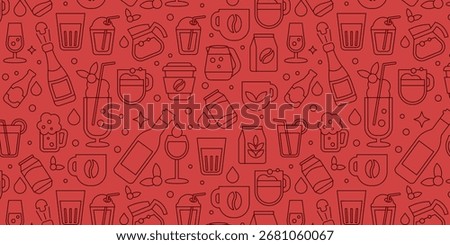 Seamless outline pattern banner of beverage icons, wine, beer, coffee, tea, cocktails in a vector illustration
