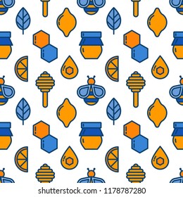 Seamless outline pattern with bee, honey elements. Suitable for branding, coffee shop, restaurant menu advertisement, banner, card. Vector, eps 10