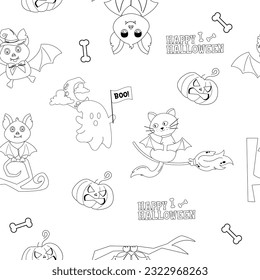 Seamless outline pattern characters Halloween cat, ghost, bat