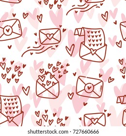 Seamless outline pattern with cute love letters and hearts, background design