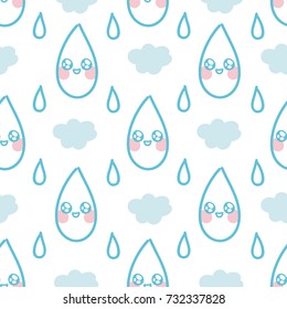 Seamless outline pattern with cute raindrop smiling characters and clouds. Weather background design, print and textile
