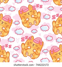 Seamless outline pattern with cute sleeping cats, kittens and clouds, hearts. Hand drawn illustration in cartoon style on pink. Art for background texture design for print, textile, fabric, wallpaper