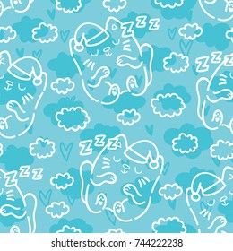 Seamless outline pattern with cute sleeping cats, kittens and clouds, hearts. Hand drawn illustration in cartoon style on blue. Art for background texture design for print, textile, fabric, wallpaper