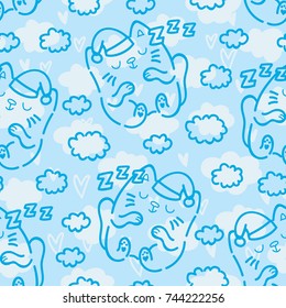 Seamless outline pattern with cute sleeping cats, kittens and clouds, hearts. Hand drawn illustration in cartoon style. Art on white for background texture design (print, textile, fabric, wallpaper)