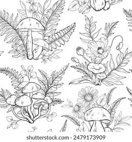 Seamless outline pattern with different types of mushrooms, poppies, chamomile and ferns. Vector illustration