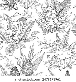 Seamless outline pattern with different types of mushrooms, flowers and plants. Vector illustration