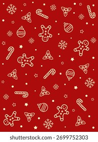 Padrão de contorno perfeito de homem de biscoito de gengibre, visco, bauble, cana de doces, estrelas e flocos de neve em fundo vermelho escuro. Perfeito para embrulhar o Natal, papéis de parede, ou impressões festivas.