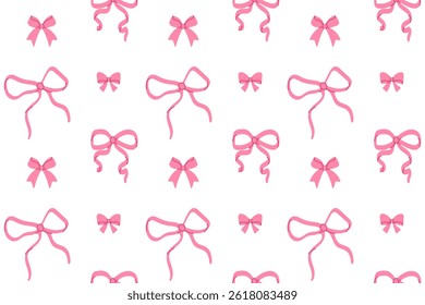 Seamless outline pattern with hand-drawn pink bows on white background
