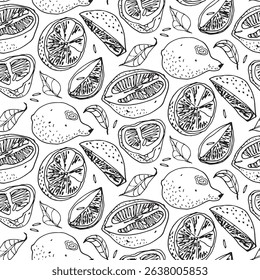 Seamless outline pattern, lemons and laurel leave, detailed hand drawn lemon halves in vintage style