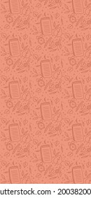 Seamless outline pattern with notepad, hand clock, alarm clock and pencil in burgundy color with pink background