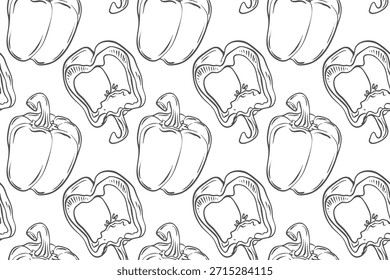 Padrão de contorno perfeito com pimentões. Ilustração de rabiscar de vegetais inteiros e fatias. Ilustração de alimentação saudável.
