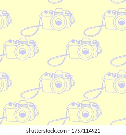 Patrón de contorno impecable con cámara fotográfica. Ilustración vectorial para impresión, papel envolvente, sitio web, blog y diseño. Antecedentes y texturas sobre el tema de la fotografía y el periodismo