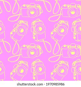 Seamless outline pattern with photo camera. Vector illustration for print, wrapping paper, website, blog and design. Backgrounds and textures on the subject of photography and journalism