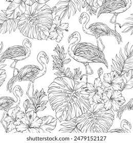 seamless outline pattern with pink flamingo