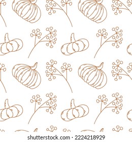 Seamless outline pattern with pumpkins and branch of berries. Autumn background. Vector illustration.