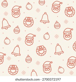 Nahtloses Umrissmuster von Weihnachtsmann, Glocken, Kugeln und Schneeflocken auf hellgelbem Hintergrund. Ideal für warme Urlaubspackungen, Einladungen und saisonale Kunstdrucke.