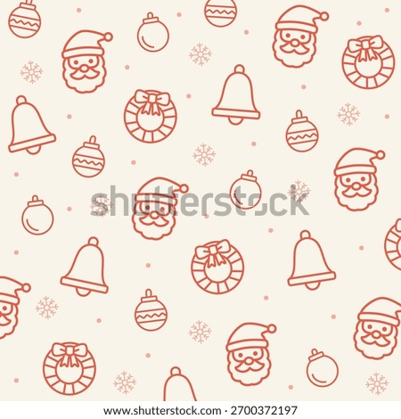 Seamless outline pattern of Santa Claus, bells, baubles, and snowflakes on pale yellow background. Great for warm holiday packaging, invitations, and seasonal art prints.
