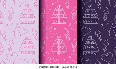 Seamless outline pattern set for parties and holidays in pink tones. Clean monochrome style for gift wrap, invitations, and festive projects.