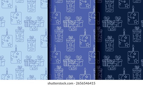 Nahtloses Umrissmuster für Feste und Feiertage in blauen Tönen. Sauberer monochromer Stil für Geschenkverpackungen, Einladungen und festliche Projekte.