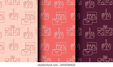 Padrão de contorno perfeito definido para festas e feriados em tons vermelhos. Estilo monocromático limpo para embrulho de presente, convites e projetos festivos.