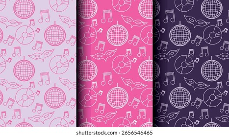 Seamless outline pattern set for parties and holidays in pink tones. Clean monochrome style for gift wrap, invitations, and festive projects.