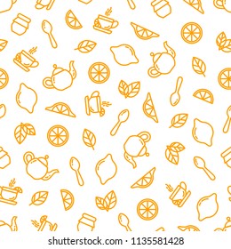 Seamless outline pattern with tea elements, cup of tea, kettle, spoon, lemon, jam jar, mint. Suitable for branding, coffee shop, restaurant menu advertisement, banner, card. Vector, eps 10