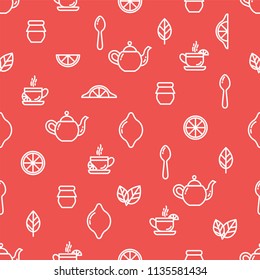 Seamless outline pattern with tea elements, cup of tea, kettle, spoon, lemon, jam jar, mint. Suitable for branding, coffee shop, restaurant menu advertisement, banner, card. Vector, eps 10