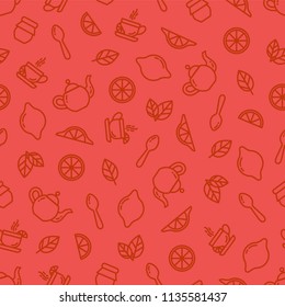 Seamless outline pattern with tea elements, cup of tea, kettle, spoon, lemon, jam jar, mint. Suitable for branding, coffee shop, restaurant menu advertisement, banner, card. Vector, eps 10