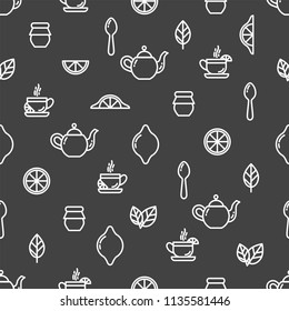 Seamless outline pattern with tea elements, cup of tea, kettle, spoon, lemon, jam jar, mint. Suitable for branding, coffee shop, restaurant menu advertisement, banner, card. Vector, eps 10