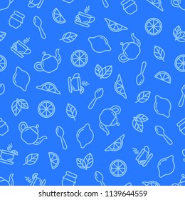 Seamless outline pattern with tea elements, cup of tea, kettle, spoon, lemon, jam jar, mint. Suitable for branding, coffee shop, restaurant menu advertisement, banner, card. Vector, eps 10