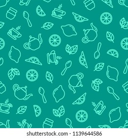 Seamless outline pattern with tea elements, cup of tea, kettle, spoon, lemon, jam jar, mint. Suitable for branding, coffee shop, restaurant menu advertisement, banner, card. Vector, eps 10
